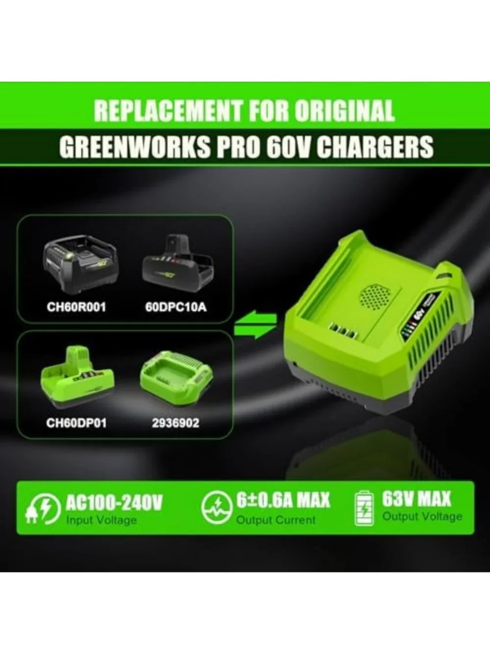 Fast 6A Replacement Charger for 60V Batteries, Compatible with Greenworks Pro